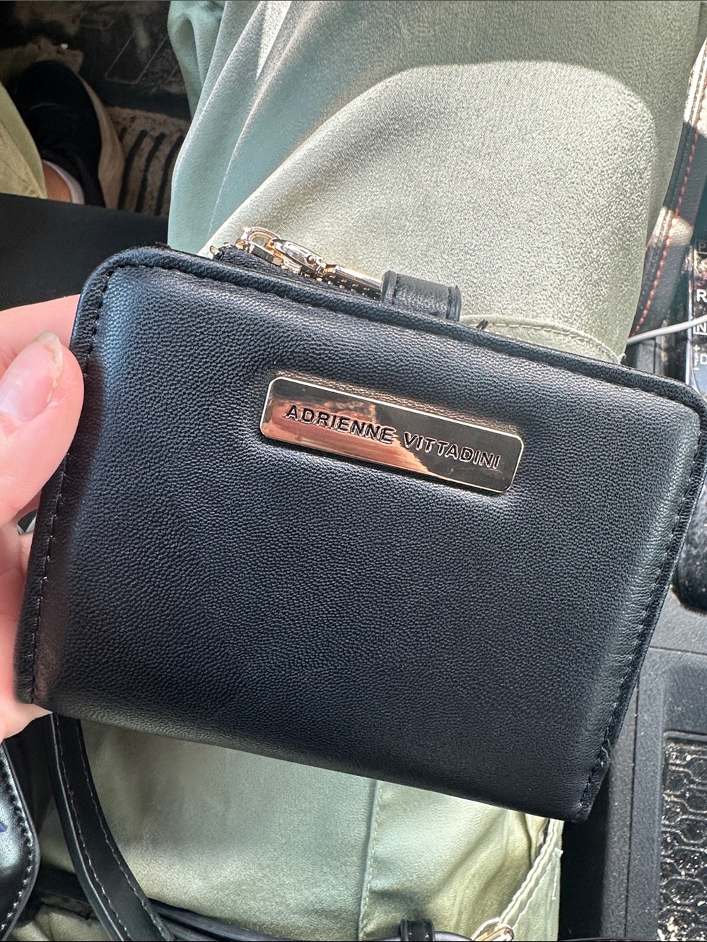 Adrienne Vittadini Black Leather Zip Wallet with Gold Plaque